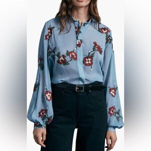 rag & bone Light Blue Blouse with Red Floral Design